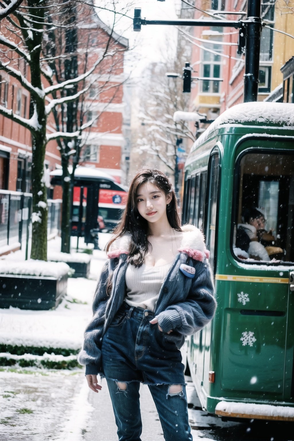 postapocalypse, photo of a kpop idol (women:1.3) standing by a wrecked old van, pantyhose, revealing clothes,cleavage,( winter,snowflakes:1.2), (snowing:1.5),colorful, natural lighting, 8k uhd, high quality, film grain, Fujifilm XT3