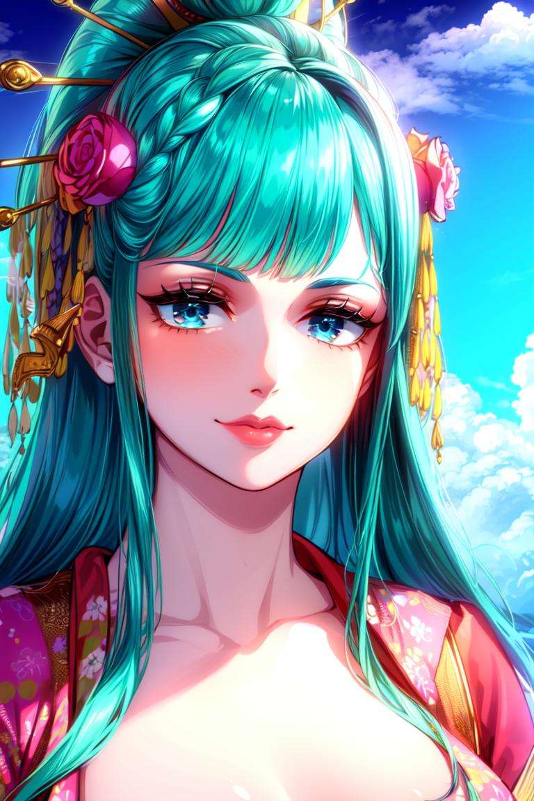 (((ultra detailed background, delicate pattern, intricate detail, highly detailed, fine details))), best quality, ((medium breasts, slim girl)), KozukiHiyori, 1girl, solo, hair ornament, closed mouth, hair flower, japanese clothes, makeup, kimono, lipstick, aqua hair, blue eyes, long hair, hair stick, smile, kanzashi, ((complex detailed background, blue sky, nature environment, close-up, portrait, clear face)),   <lora:DetailTweaker:0.5>,   <lora:KozukiHiyoriTest:0.7>