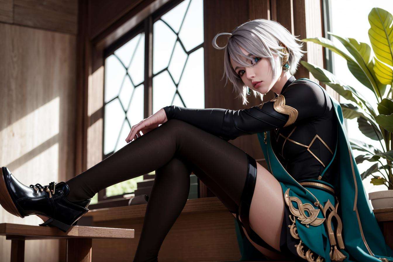 masterpiece, best quality,alhaitham\(genshin impact\),breats, 1girl, female focus, solo, hair over one eye, grey hair, bangs, ahoge, sitting, closed mouth, short hair, (dress:1.2),Pantyhose