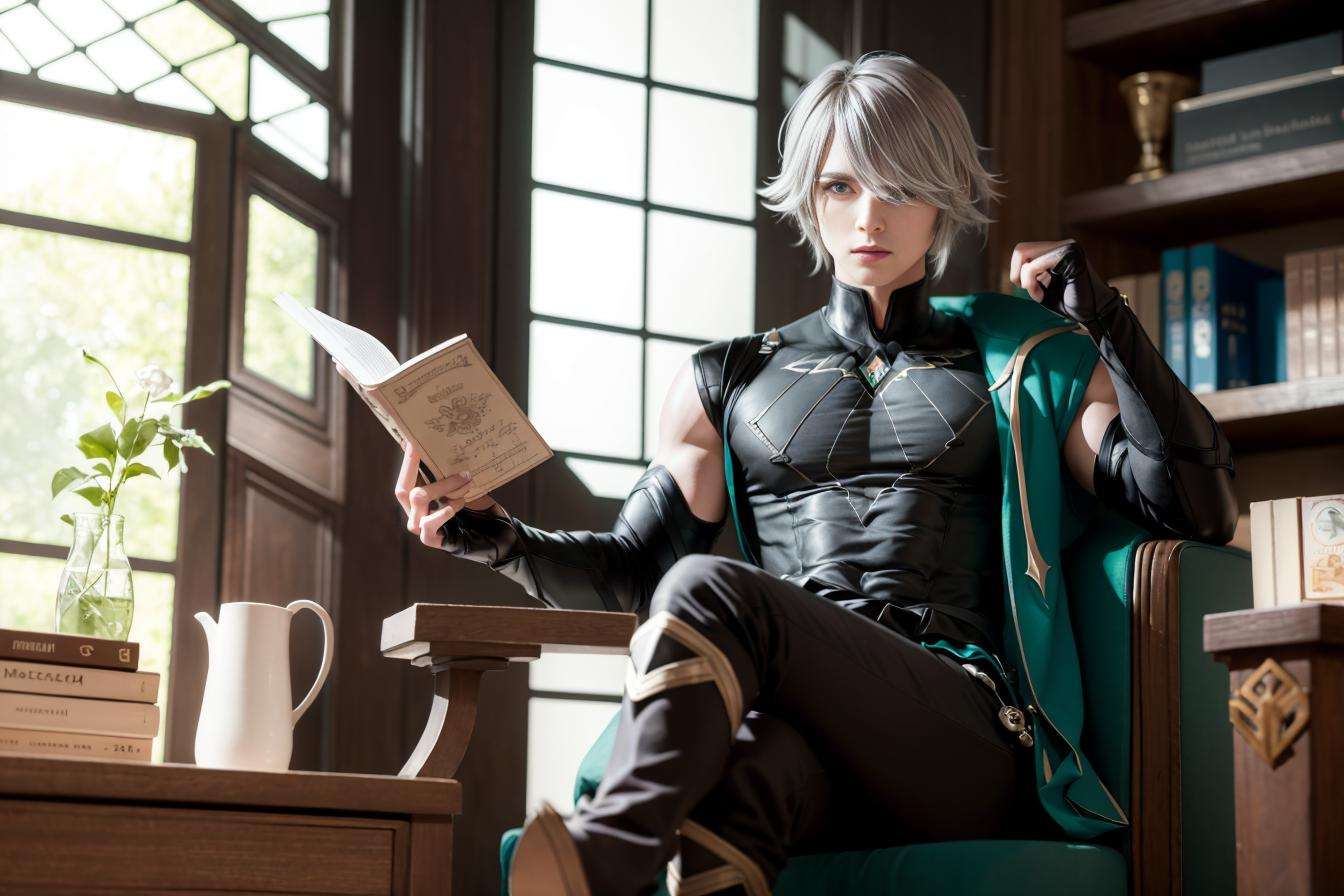 masterpiece, best quality,alhaitham\(genshin impact\), 1boy, male focus, solo, hair over one eye, holding, grey hair, sleeveless shirt, gloves, shirt, bangs, book, ahoge, sleeveless, sitting, holding book, elbow gloves, black gloves, cup, black shirt, closed mouth, short hair, pants,kbxll