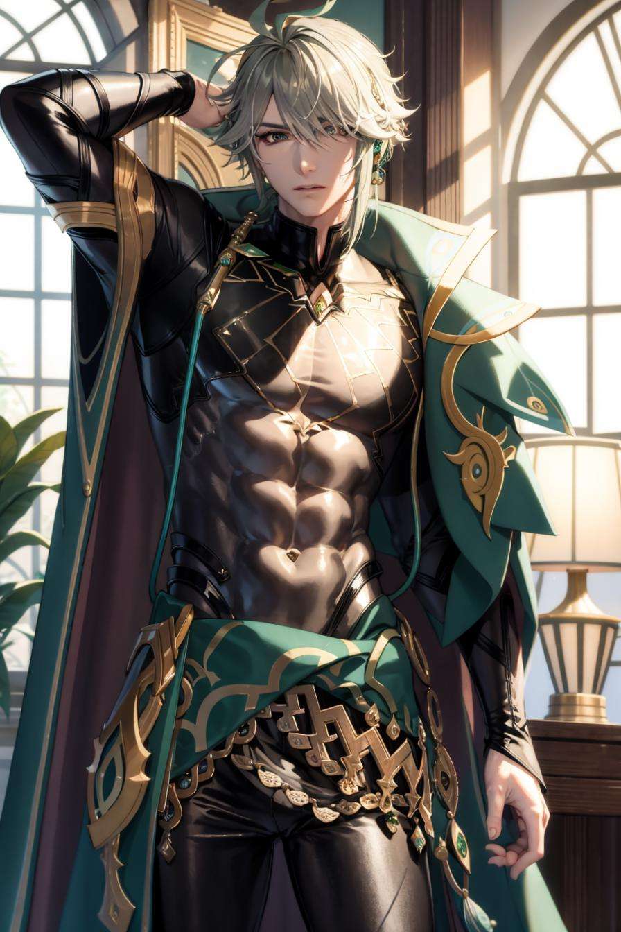 masterpiece, best quality,dainsleif\(genshin impact\), alhaitham\(genshin impact\), male focus, 1boy, bulge, tentacles on male, solo, tentacles, ahoge, shirt, green cape, hair over one eye, bangs, restrained,(kbxll:0.6)