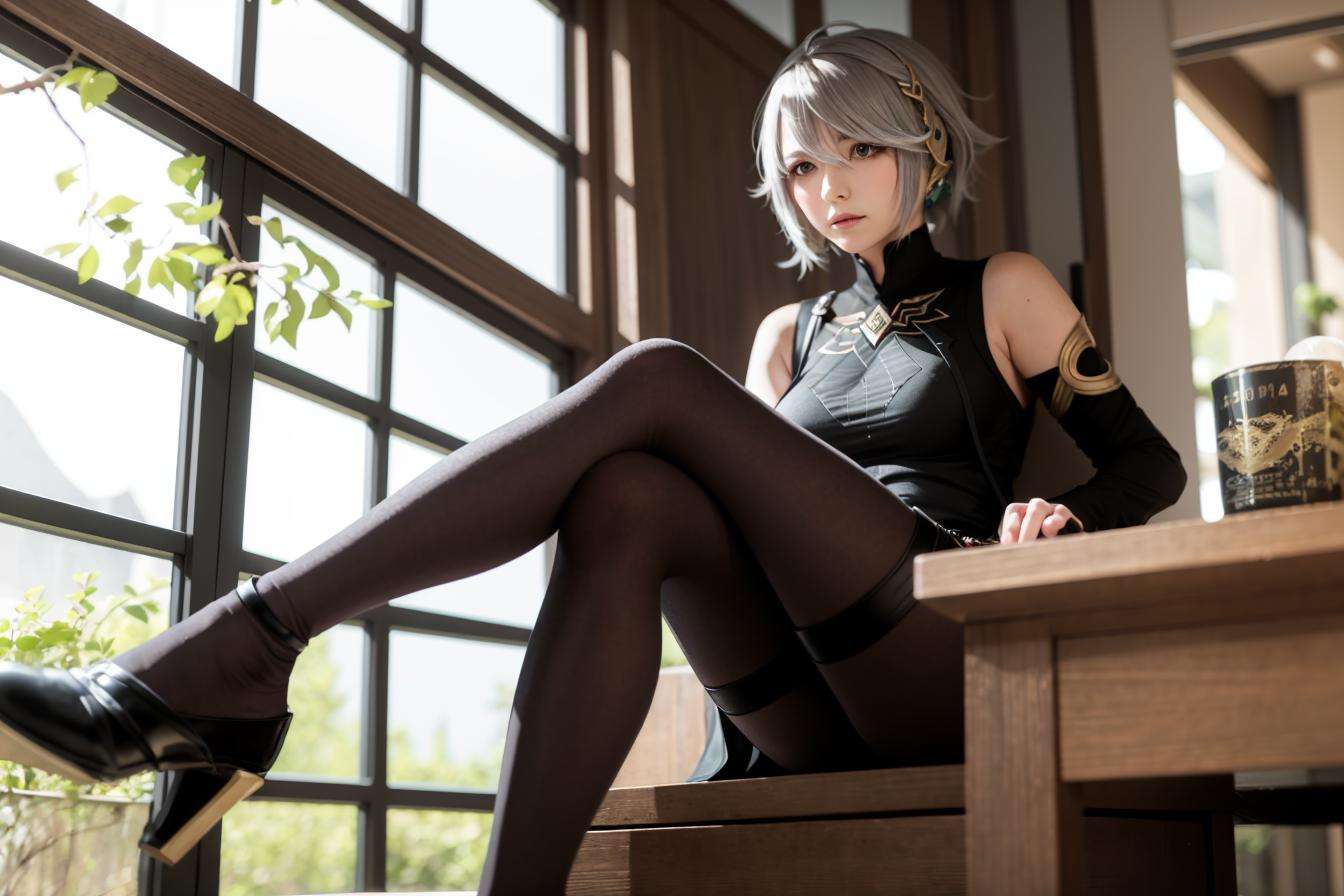 masterpiece, best quality,(mature female:1.2),alhaitham\(genshin impact\),breats,high-heeled shoes, 1girl, female focus, solo, hair over one eye, grey hair, bangs, ahoge, sitting, closed mouth, short hair, (dress:1.2),Pantyhose,kbxll