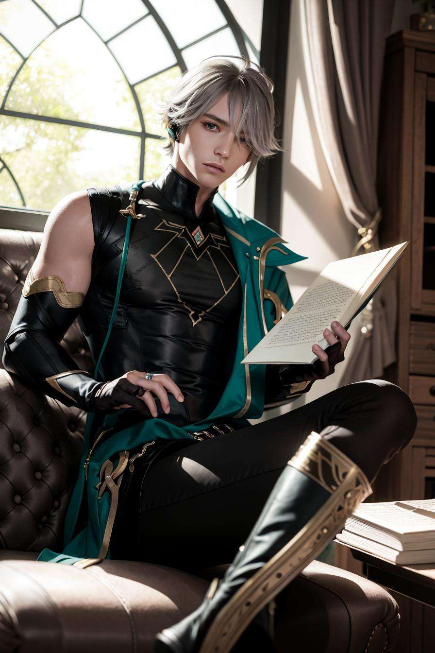 masterpiece, best quality,alhaitham\(genshin impact\), 1boy, male focus, window, book, shirt, solo, gloves, sleeveless shirt, sitting, grey hair, sleeveless, holding, ahoge, curtains, holding book, black shirt, open book, bangs, hair over one eye, black gloves, indoors, fingerless gloves, black pants, pants, swept bangs, boots, bare shoulders, short hair, blurry, knee up, elbow gloves