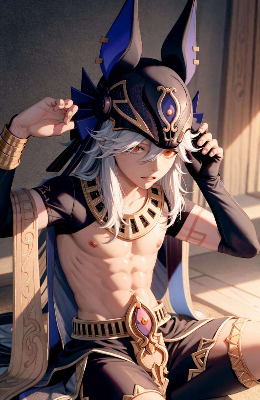 masterpiece, best quality,cyno (genshin impact), 1boy, dark-skinned male, male focus, dark skin, animal hat, jackal ears, solo, long hair, sitting, sand, hair over one eye, holding, black headwear, hat, black shorts, shorts,(kbxll:0.6)