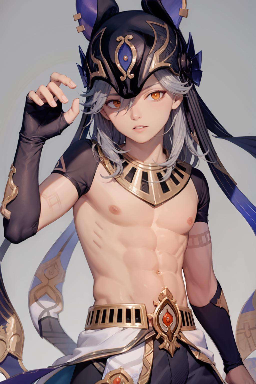 masterpiece, best quality,cyno (genshin impact), 1boy, dark-skinned male, male focus, dark skin, animal hat, jackal ears, solo, long hair, sand, hair over one eye, black headwear, hat,  (grey background:1.4),(kbxll:0.6)