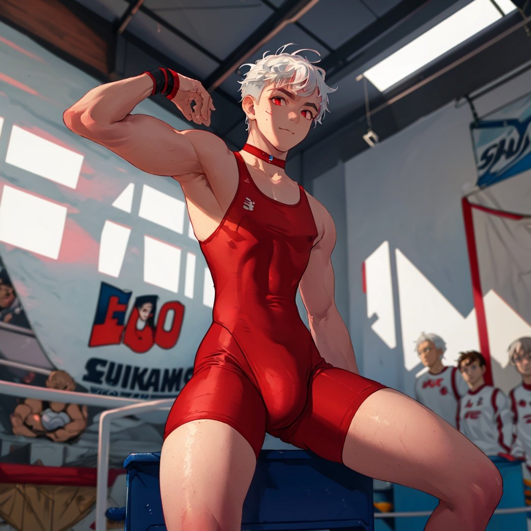 1boy,1080P,blue bodysuit,sit,spread legs,white hair,red eyes,(wrestling suit),(bulge),solo,only,muscle,youth,shota,Eye reflection,big eyes,cute_face,endured_face, choker,sky,beach,undercut