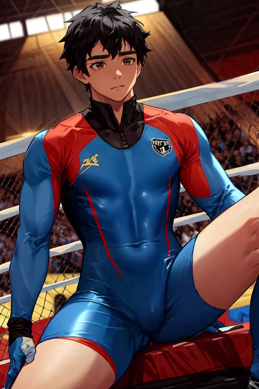 1boy,1080P,blue bodysuit,sit,spread legs,black hair,brown eyes,(wrestling suit)
