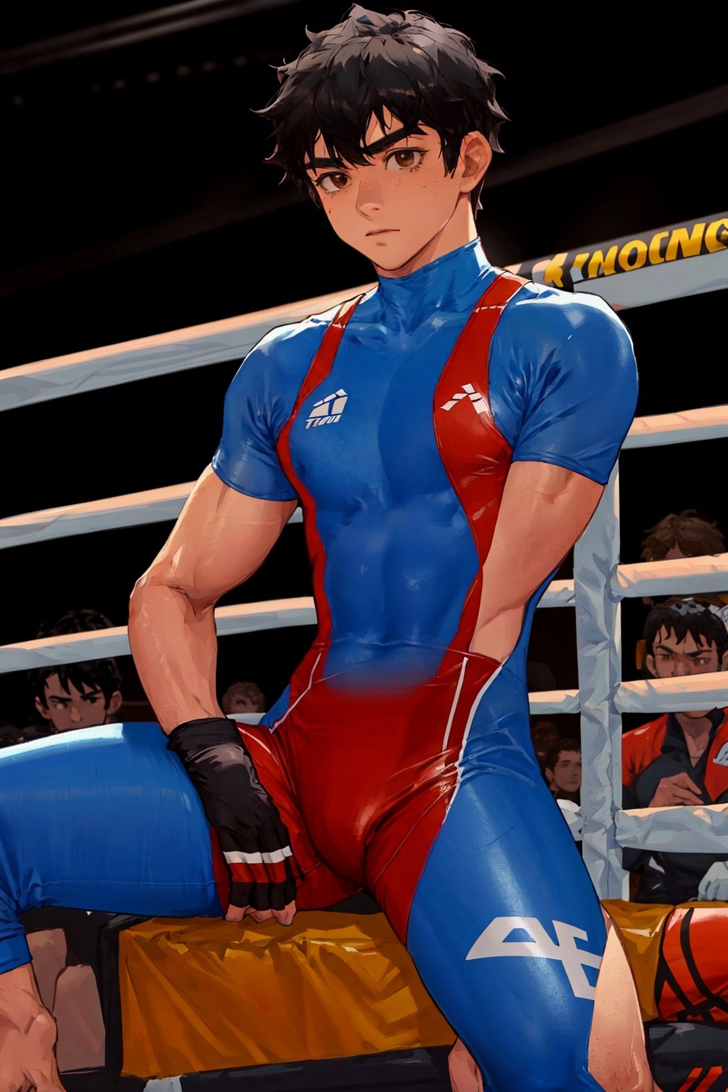 1boy,1080P,blue bodysuit,sit,spread legs,black hair,brown eyes,(wrestling suit)
