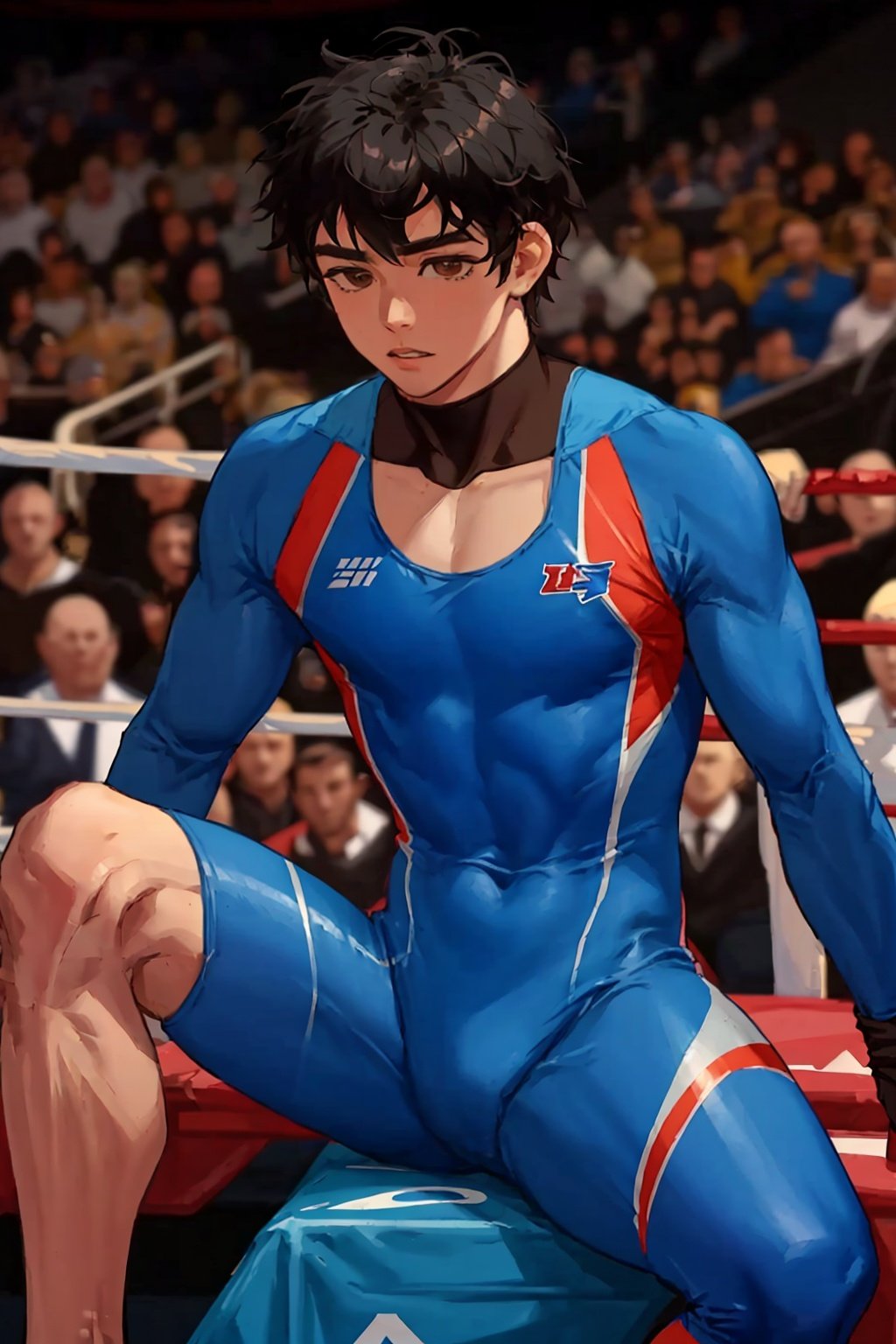 1boy,1080P,blue bodysuit,sit,spread legs,black hair,brown eyes,(wrestling suit)
