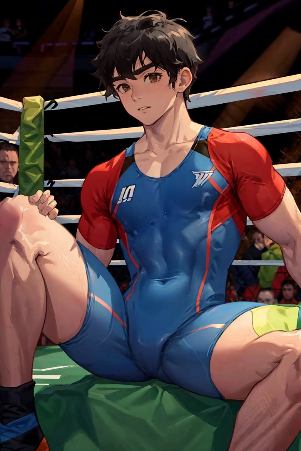 1boy,1080P,blue bodysuit,sit,spread legs,black hair,brown eyes,(wrestling suit)
