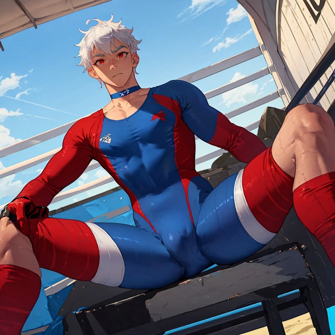 1boy,1080P,blue bodysuit,sit,spread legs,white hair,red eyes,(wrestling suit),(bulge),solo,only,muscle,youth,shota,Eye reflection,big eyes,cute_face,endured_face, choker,sky,beach,undercut