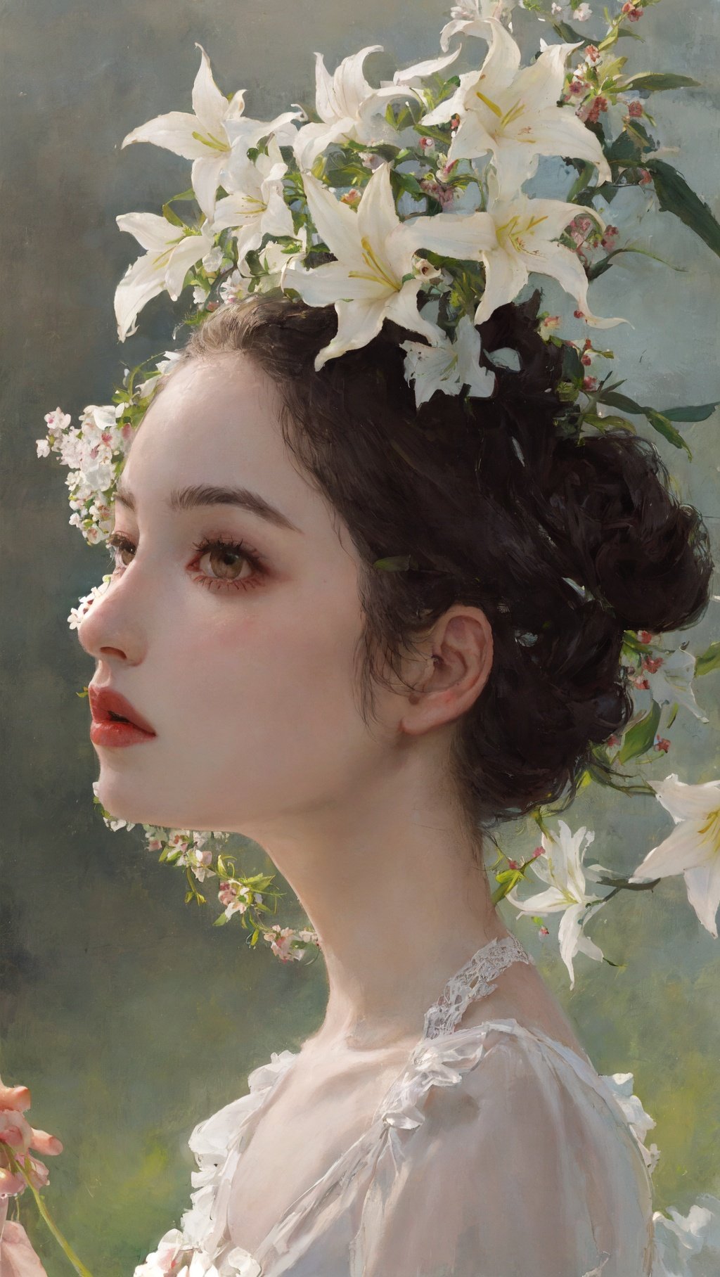 Best quality,masterpiece,1girl,beautiful_face,eyebrows_visible_through_hair,lily_\(flower\),dress,holding_flower,from_side,