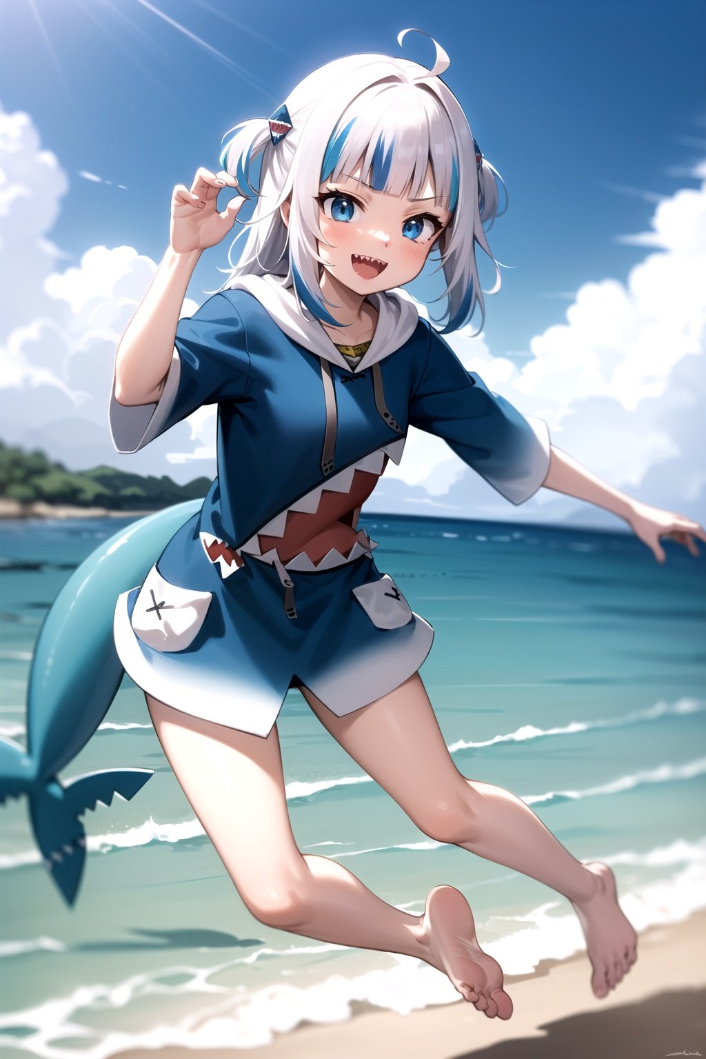 2d, masterpiece, best quality, anime, highly detailed, full body, 1girl, solo, gawr gura, blue hoodie, shark hair ornament, sharp teeth, :d, shark tail, barefoot, dynamic pose, ocean,gawr gura,sharp teeth