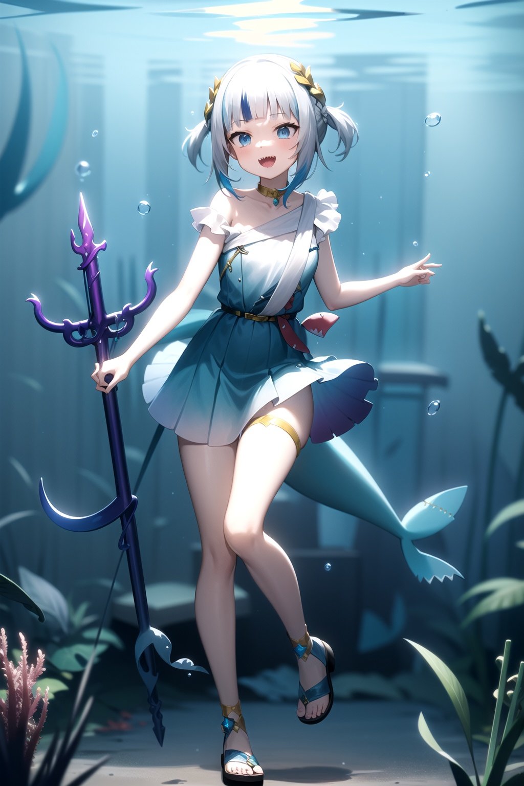 2d, masterpiece, best quality, anime, highly detailed, full body, 1girl, solo, gura_atlantis, gradient dress, laurel crown, sandals, :d, sharp teeth, trident, shark tail, underwater city