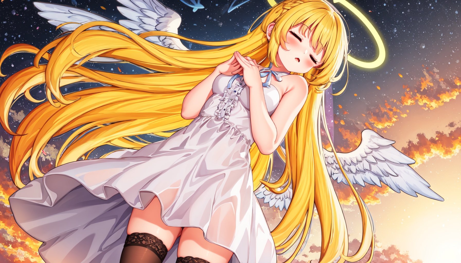 sfw, 1girl, medium breasts, hips, thin legs, thick thighs, angel girl, halo, absurdly large angel wings, spread wings, absurdly long hair, blonde hair, closed eyes, white dress, frilled dress, halter dress, brown thighhighs, standing, praying, determined, center frame, cowboy shot, <lora:setmen:1> 
