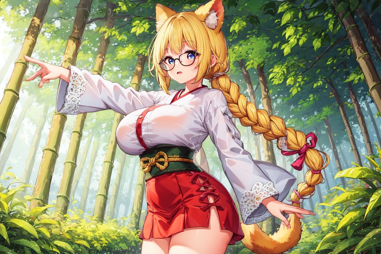 sfw, 1girl, huge breasts, large areolae, wide hips, dog ears, dog tail, dog girl, (blonde hair, low-tied long hair:1.2), (Sienna eyes:1.2), pink tunic, glasses, lace-up boots, standing split, Bamboo Forest,Tall bamboo, swaying leaves, lush vegetation, serene atmosphere, Japanese influence, nature hike, zen retreat, calm ambiance <lora:setmen:1>