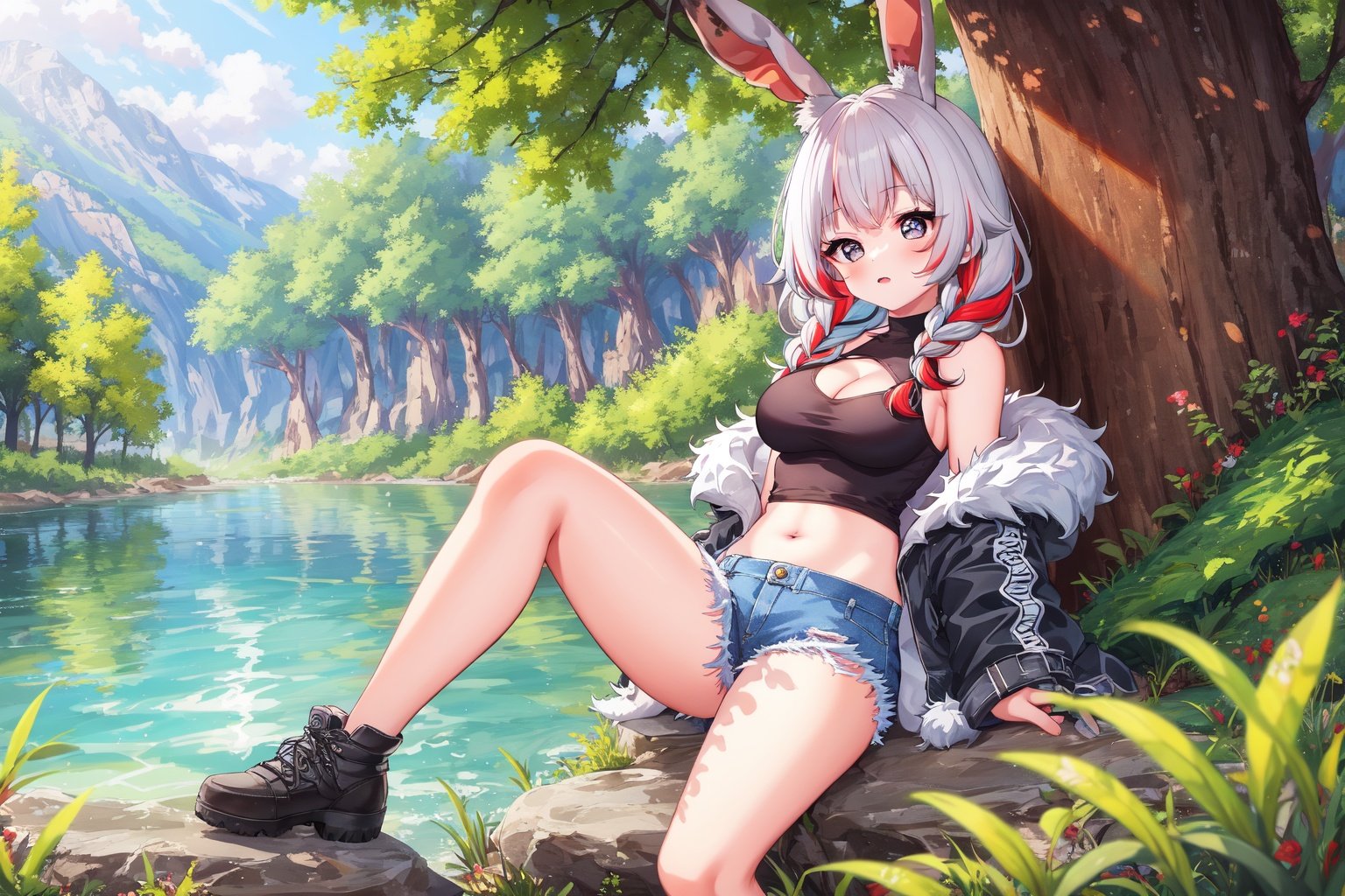 sfw, 1girl, large breasts, cleavage, areolae, navel, legs, thick thighs, rabbit ears, rabbit tail, rabbit girl, (medium hair, tri braids, hair flaps, (multicolored hair:1.2), (white hair, grey hair, red hair, dark green):1.2), (black eyes:1.2), sleeveless turtleneck, silver trim fur coat, see-through, brown cutoff jeans, leg up,w arms, lake, trees, rocks, morning, hazy, calm, scenic <lora:setmen:1>