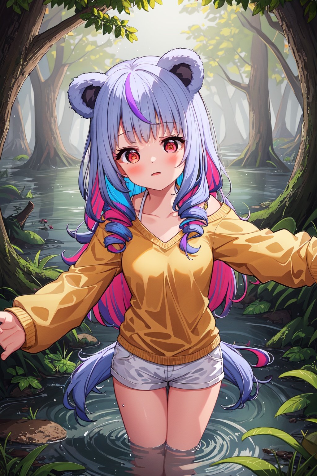 sfw, 1girl, flat chest, sagging breasts, linea alba, bear ears, bear tail, bear girl, (ringlets, (multicolored hair:1.2), (purple hair, blue hair, light brown hair):1.2), (orange red eyes:1.2), khaki blouse, see-through, white micro shorts, legs over head,outstretched arms, Murky Swamp,Dark and murky water, rotting vegetation, twisted trees, eerie atmosphere <lora:setmen:1>