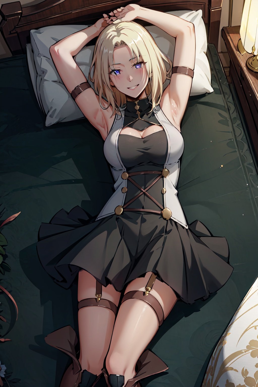 1girl, solo, blonde hair, purple eyes, short hair, official dress, <lora:veronica-20:1>, smile, blush, sleeveless, lying, lying down, on bed, bed, arms up, from above