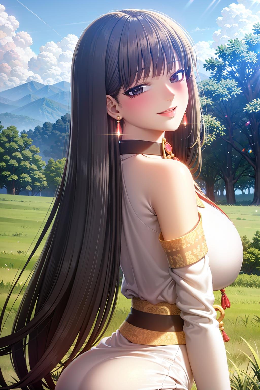 1girl, solo, black hair, long hair, blunt bangs, grey eyes, blush,  earrings, white dress, off shoulder, smile, blush, evil smile, long_dressscenery, forest, day, sky, clouds <lora:Copy of Luna-08:0.7>, large breasts, from behind, ass focus, 