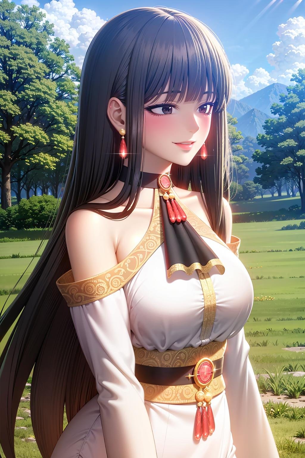 1girl, solo, black hair, long hair, blunt bangs, grey eyes, blush,  earrings, white dress, off shoulder, smile, blush, evil smile, long_dressscenery, forest, day, sky, clouds <lora:Copy of Luna-08:0.7>, large breasts, 