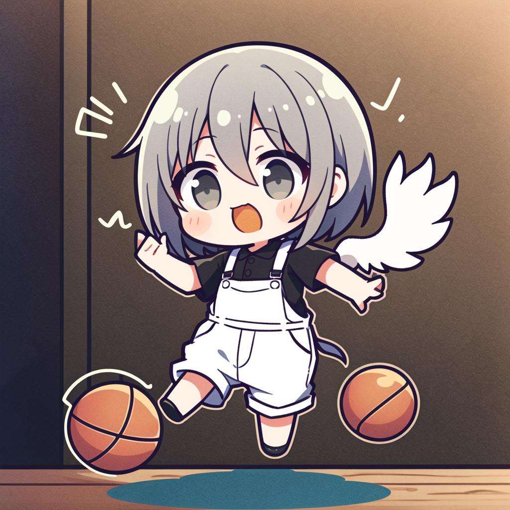 1boy,solo,grey hair,short hair, parted bangs,male,white overalls, black shirt, basketball, rooster,full body, chicken, jumping,