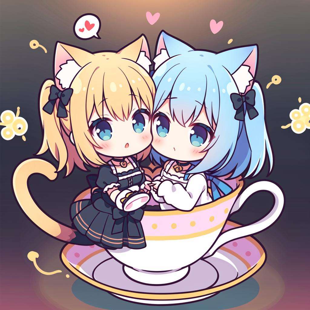 2girls,chibi,cat ears, kiss,yuri, coffee cup,symmetrical pose, tail, head rub, in cup,speak heart,