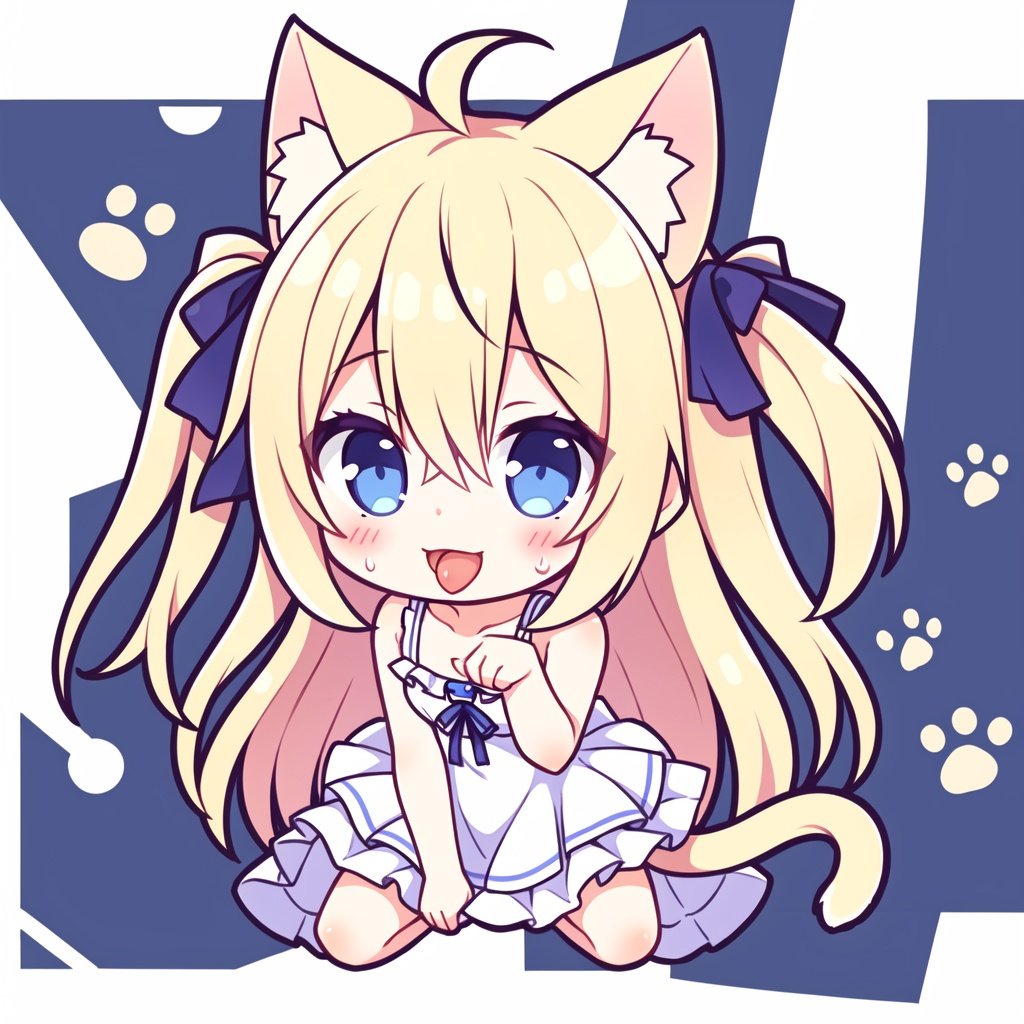 1girl, animal ears, tail, solo, long hair, one side up,dress, blonde hair, tongue, barefoot, paw pose, cat ears, cat tail, tongue out, ahoge, squatting, white dress, simple background, white background, looking at viewer, frilled dress, blue eyes, full body, animal ear fluff, sleeveless dress, cat girl, hair between eyes, bangs, open mouth, paw print, sleeveless, sweat, bare shoulders, spread legs, frills, collarbone, blush, bare legs, smile,