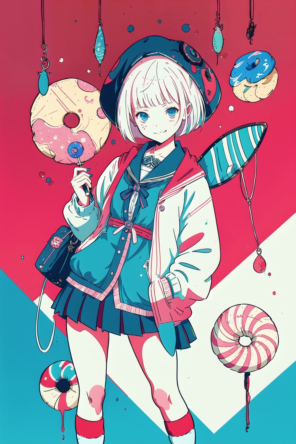 style of Frances MacDonald McNair, girl, asymmetrical bob, schoolgirl uniform (slouch socks), painted nails, small lollipop, smug grin,  gum, candy, sign, donut, high detailed, intricate, red hue, limited palette, Illustration, Character Design, Watercolor, Ink, thematic background, ambient enviroment, epic,candystyle,anime,style