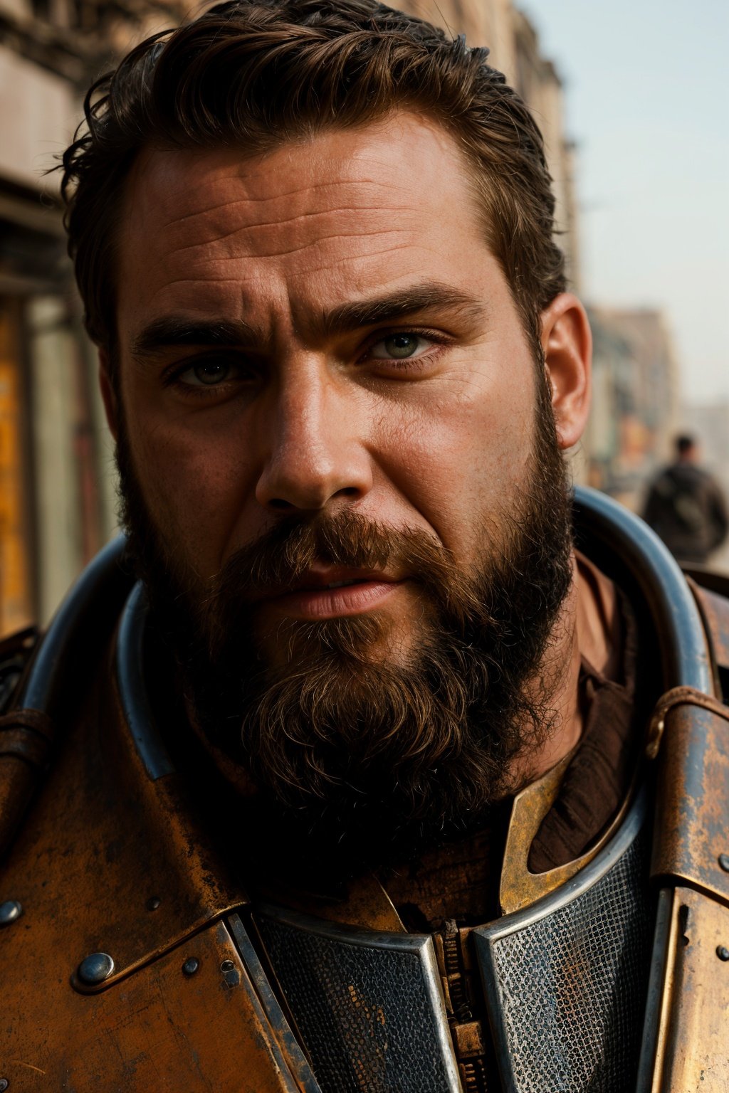 Portrait photo of muscular bearded guy in a worn mech suit, ((light bokeh)), intricate, (steel metal [rust]), elegant, sharp focus, photo by greg rutkowski, soft lighting, vibrant colors, (masterpiece), ((streets)), (detailed face:1.1), eye iris