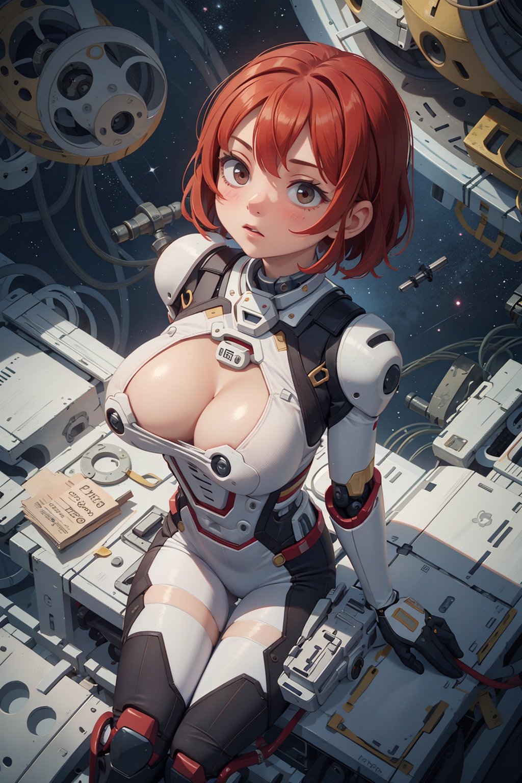 Masterpiece, top quality, 1girl, translucent skin, red, tights, mechanical, cowboy shooter, space, sitting, seen from above, big tits, bones, (space suit: 1.5) white, mechanical exoskeleton,children