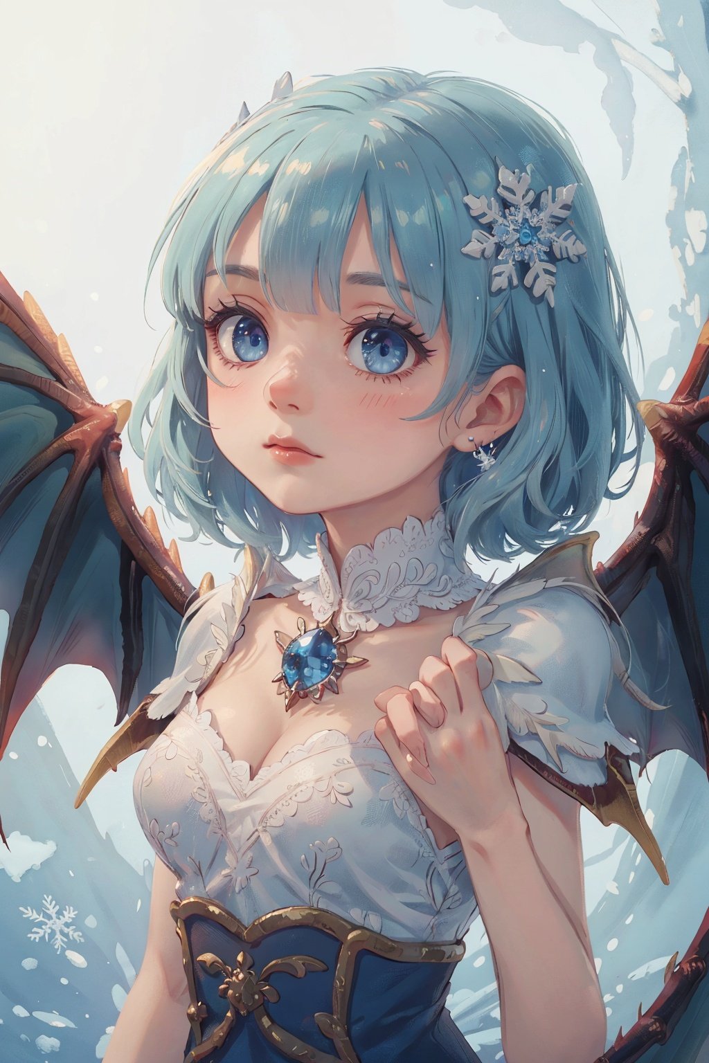 ((best quality)), ((masterpiece)), ((ultra-detailed)), extremely detailed CG, (illustration), ((detailed light)), (an extremely delicate and beautiful), a girl, solo, ((upper body,)), ((cute face)), expressionless, (beautiful detailed eyes), blue dragon eyes, (Vertical pupil:1.2), white hair, shiny hair, colored inner hair, (Dragonwings:1.4), [Armor_dress], blue wings, blue_hair ornament, ice adorns hair, [dragon horn], depth of field, [ice crystal], (snowflake), [loli], [[[[[Jokul]]]]],new_blue_b,32k,children