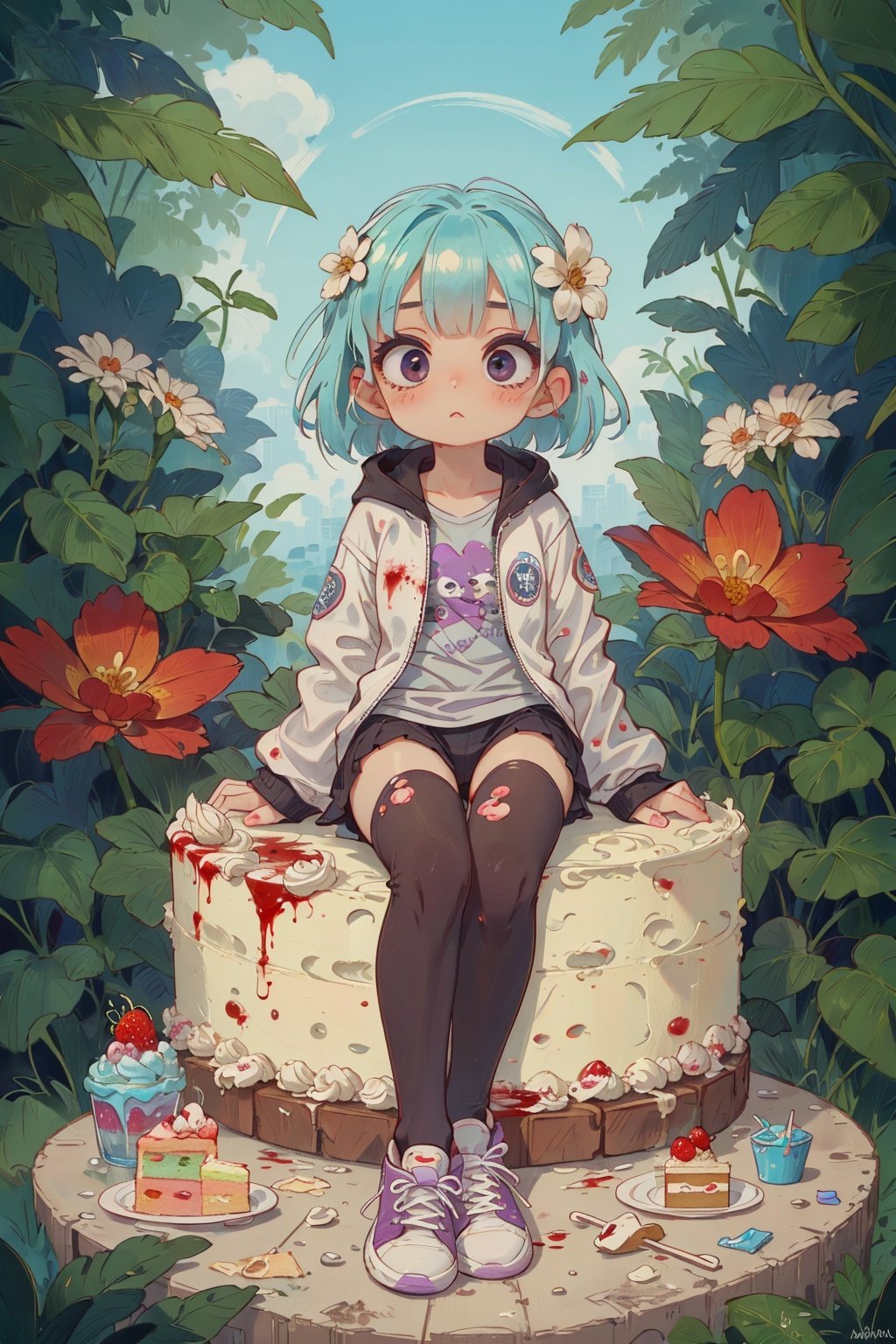 Masterpiece, best_quality, concept_art, 1 girl, solo, cool, summer, ice cream white_hair, long_jacket, summer hot, have your sweetest purple_eyes, purple_liquid, wand, partly_bangs, hair_between_eyes, sneakers, black_legwear, ((cute, cake, summer hot, flouting_eyeballs, blood)), 32k, kids, high definition, real, have your sweetest new_blue_b