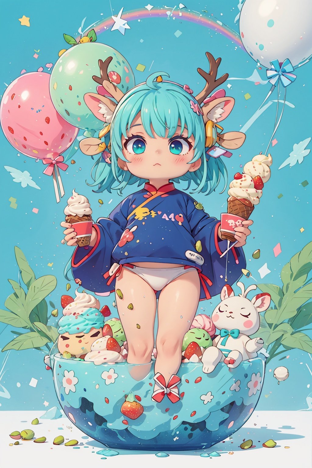 masterpiece, ice cream sundae bowl, blue haired girl child, multi-colored scoops of ice cream, pistachio, strawberry, mint chip sauce, cool swimwear, ice cream balloons, rainbow hues, burst, dreamy expression, sugary wonderland, wide angle telephoto lens, huge scale, pastel colors, cobalt hair, 1 girl, Chinese clothes, Dragon ear, deer ear, full body, QRobot, chibi, nijistyle, cute swimsuit, Diives, nop, Pixar, children.