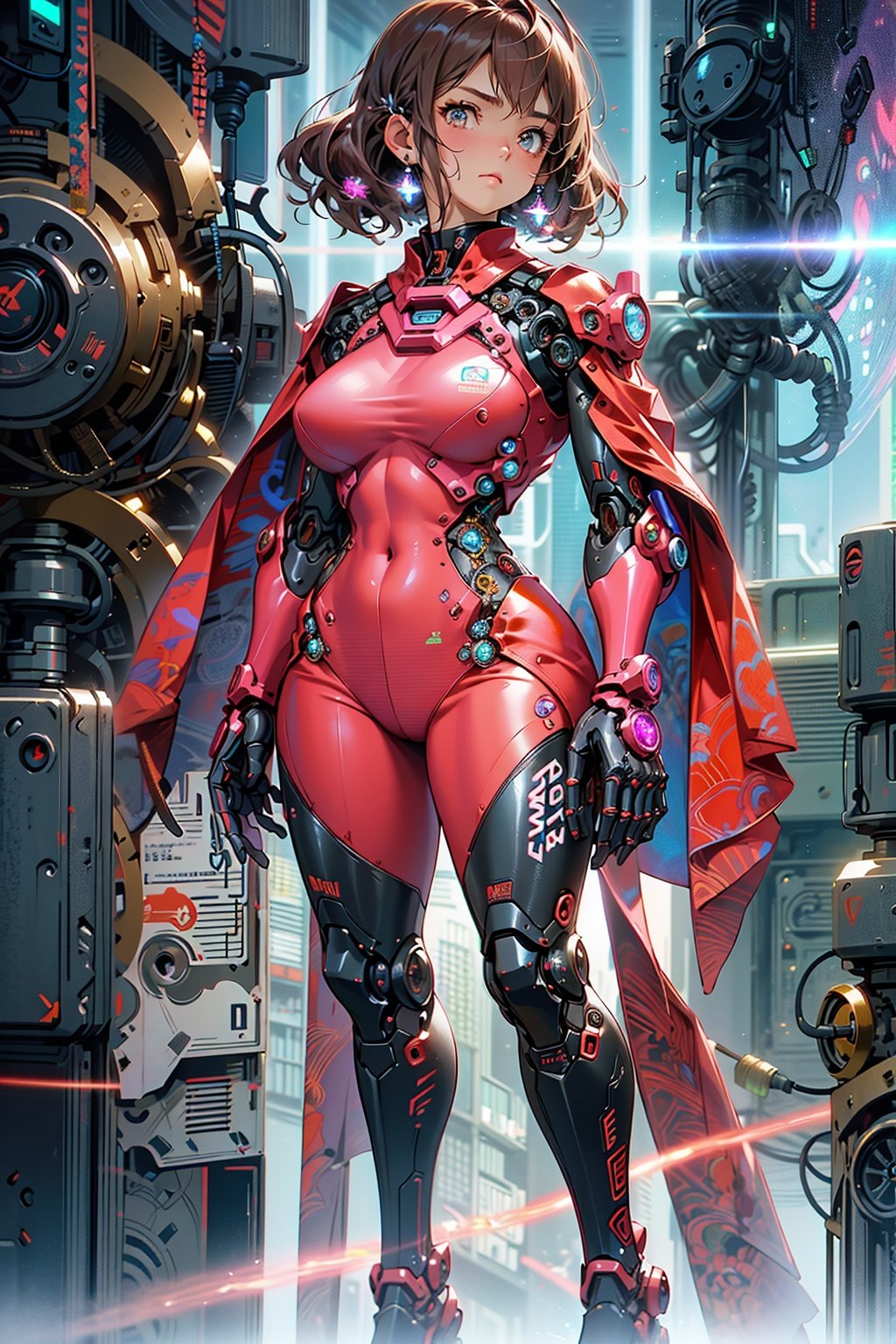 a girl,blue, city,red power armor,brown hair,The glowing energy ring on the chest,realistic, building, glowing, science fiction,vibrant details,beautiful background, octane render, H. R. Giger style,best quality, masterpiece, illustration, an extremely delicate and beautiful, extremely detailed ,unity ,wallpaper,photo-realistic,Amazing, finely detail,best quality,official art, extremely detailed,unity,Pink Mecha,Honey Mecha,machinery,, Mecha,lightning,drawing,真实,照片,32k,高清,32