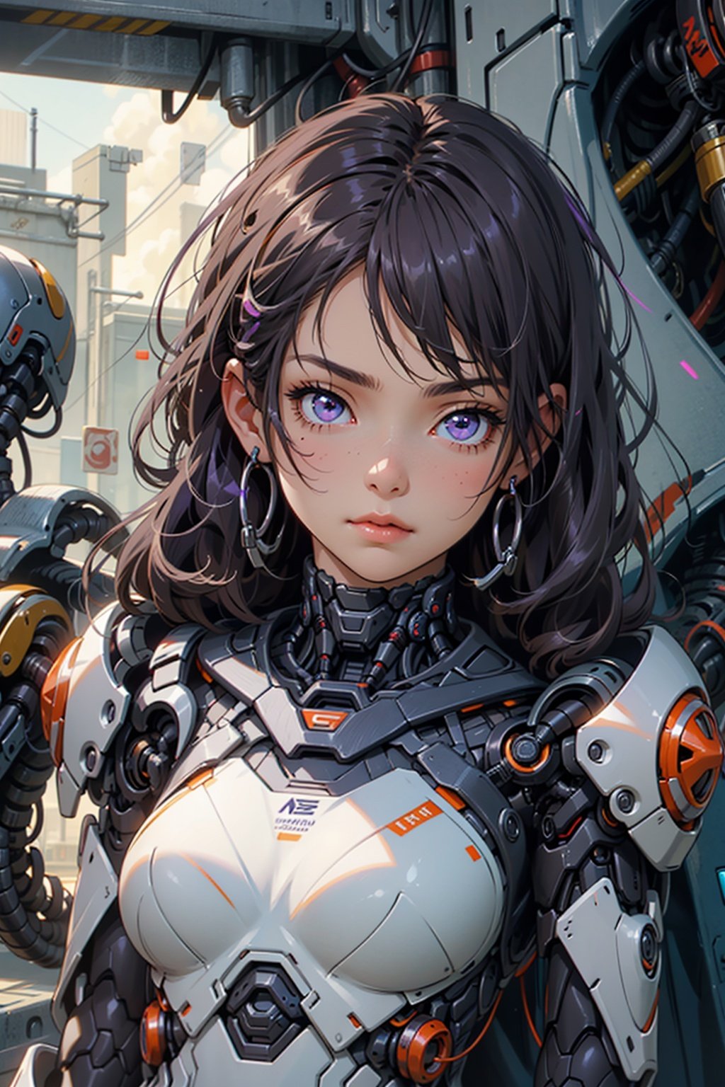 A girl, cyborg, a person, Mech, tech savvy, purple hair, purple eyes, head up, justice, face the camera, top, victory, limb, black Mech, mobility, 32k