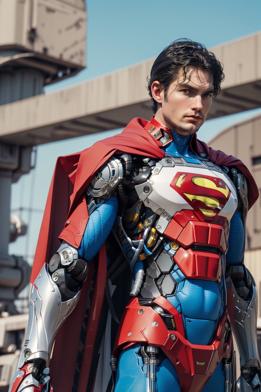 Superman color scheme,(8k, RAW photo, best quality, Masterpiece :1.2), (Realistic, Photo realistic :1.2)(RAW photo)(Very detailed CG unified 8k wallpaper) Detailed and complex, original, high resolution, (1 boy :1.5) Looking at the viewer, upper body, blue stone,, mechanical, Mecha, mechanical, mechanical, Chibi,, Armor, full body, sci-fi, robots, tights