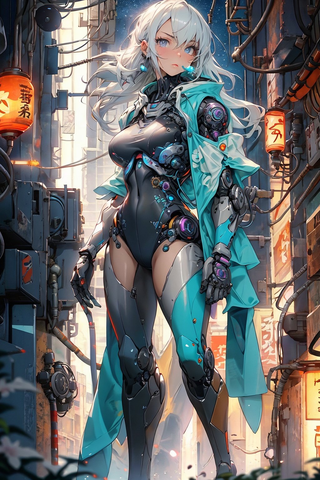 High quality, 4k, 8k, ultra-high resolution, handed down, ultra-detailed, realistic, realistic, realistic portrait, Japanese anime style, sci-fi setting, physics-based rendering, professional level, bright colors, background blur effect, a young beautiful robot girl with extremely long iridescent hair, close-up shots, a delicate and beautiful mechanical girl with floating silver-gray hair and extremely detailed eyes, wearing black, blue and purple mechanical uniform with a gradual change of colors, tight-fitting design, following the style of cyberpunk and sci-fi, space perspective at night, the starry sky is gorgeous, the background is A city with dynamic poses, single focus, close-ups, bokeh effects, cinematic lighting, ambient lighting, sci-fi settings, close-ups, very close to the camera, full of visual impact, summer elements such as ice cubes, cute summer clothes, popsicles, toast and a refreshing atmosphere.