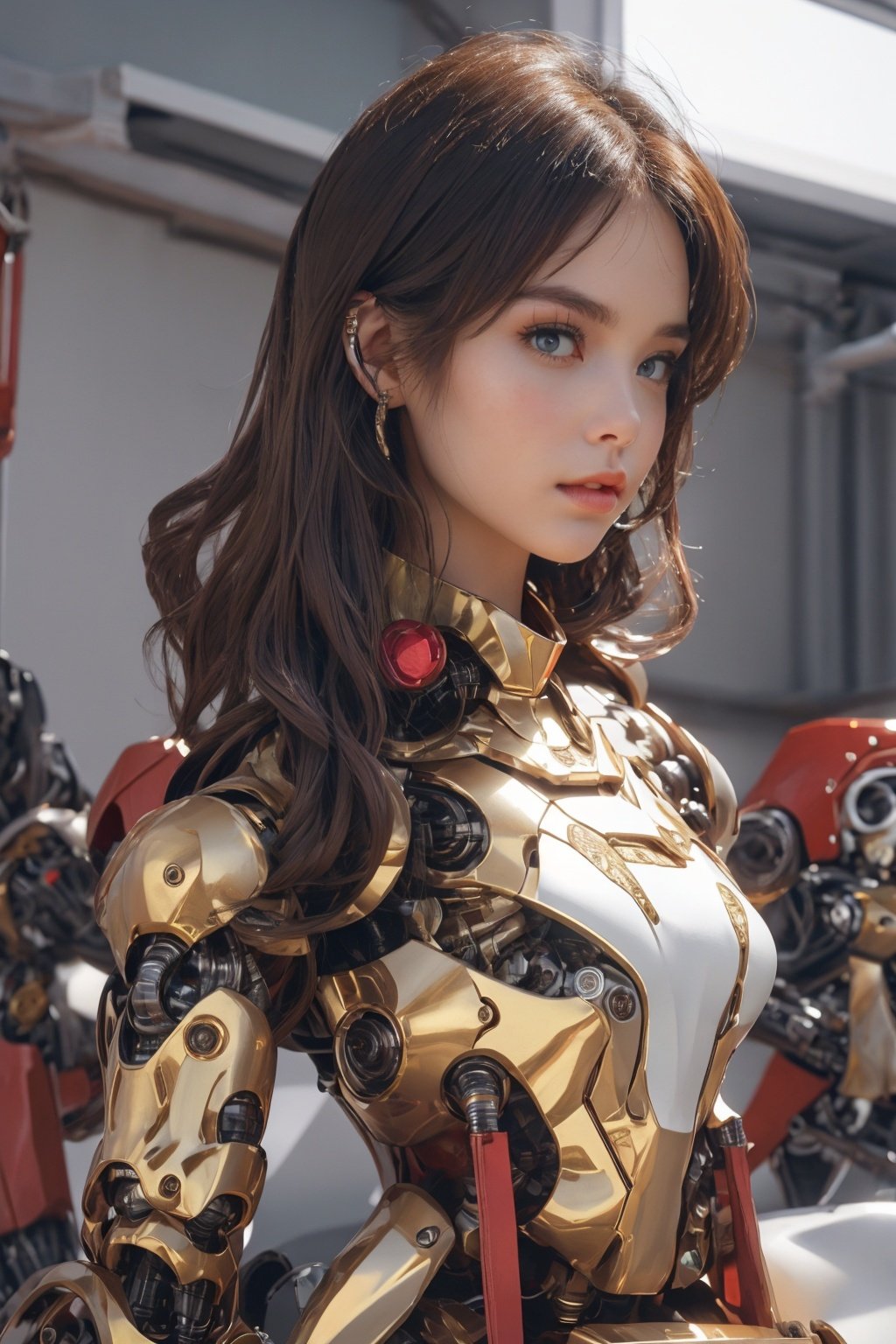 (8k, RAW photo, best quality, masterpiece:1.2), (realistic, photo-realistic:1.2)(raw photo) (extremely detailed CG unity 8k wallpaper) detailed and intricate, original,highres,[1girl:background:0.6]looking at viewer,upper  body,red shidudou,  ,machinery,, Mecha,真实,照片,chibi,,armor,full_body,science fiction,robot,bodysuit