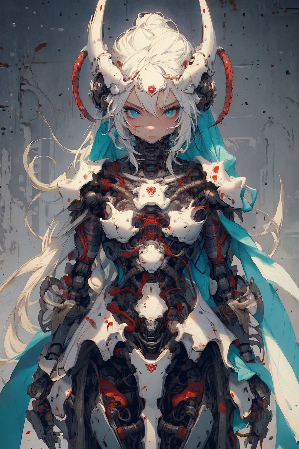 Masterpiece-level best_quality, concept artwork, a lonely solo girl, a necromancer character from the game "League of Legends", with snow-white hair, centipede-like tentacles wrapped around, blood flowing from the body, wearing PVC shell, mechanical exoskeleton device equipment, creating avant-garde and terrifying visual effect.