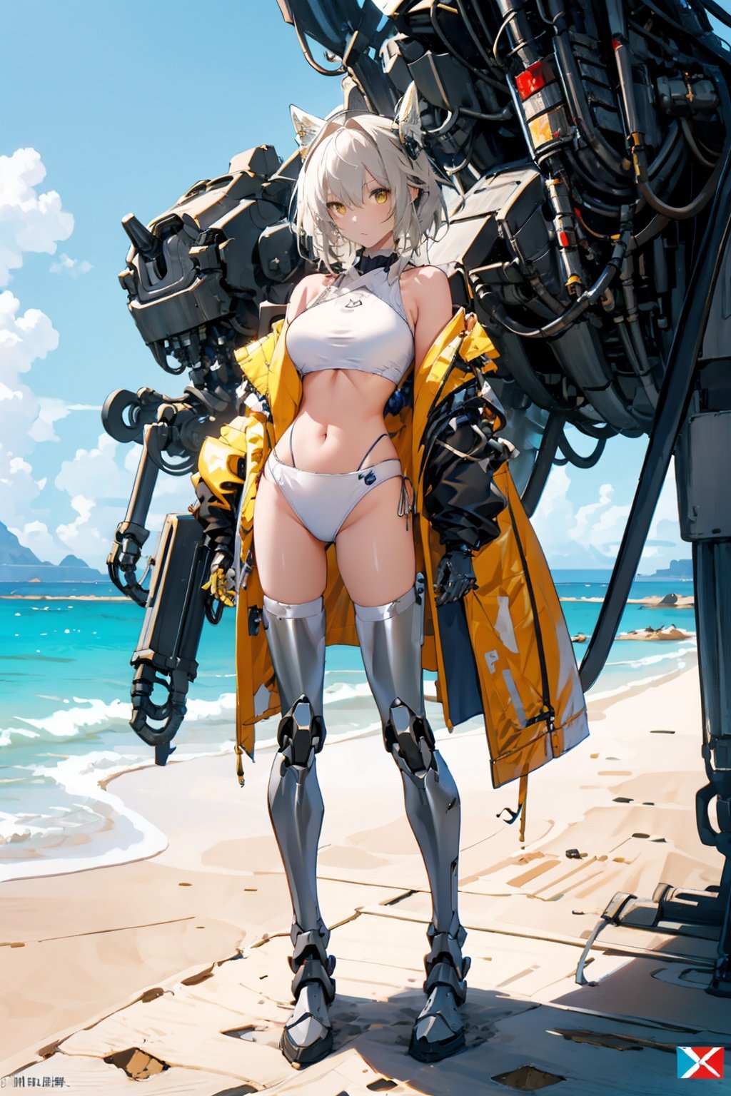 Masterpiece, best, summer, color, beach, Mech girl, top, sexy, Mech swimsuit, (dessert) , goblet, film still, film lighting, bikini-style mech suit, yellow lacquer latex suit,machinery,AGM, Mecha,