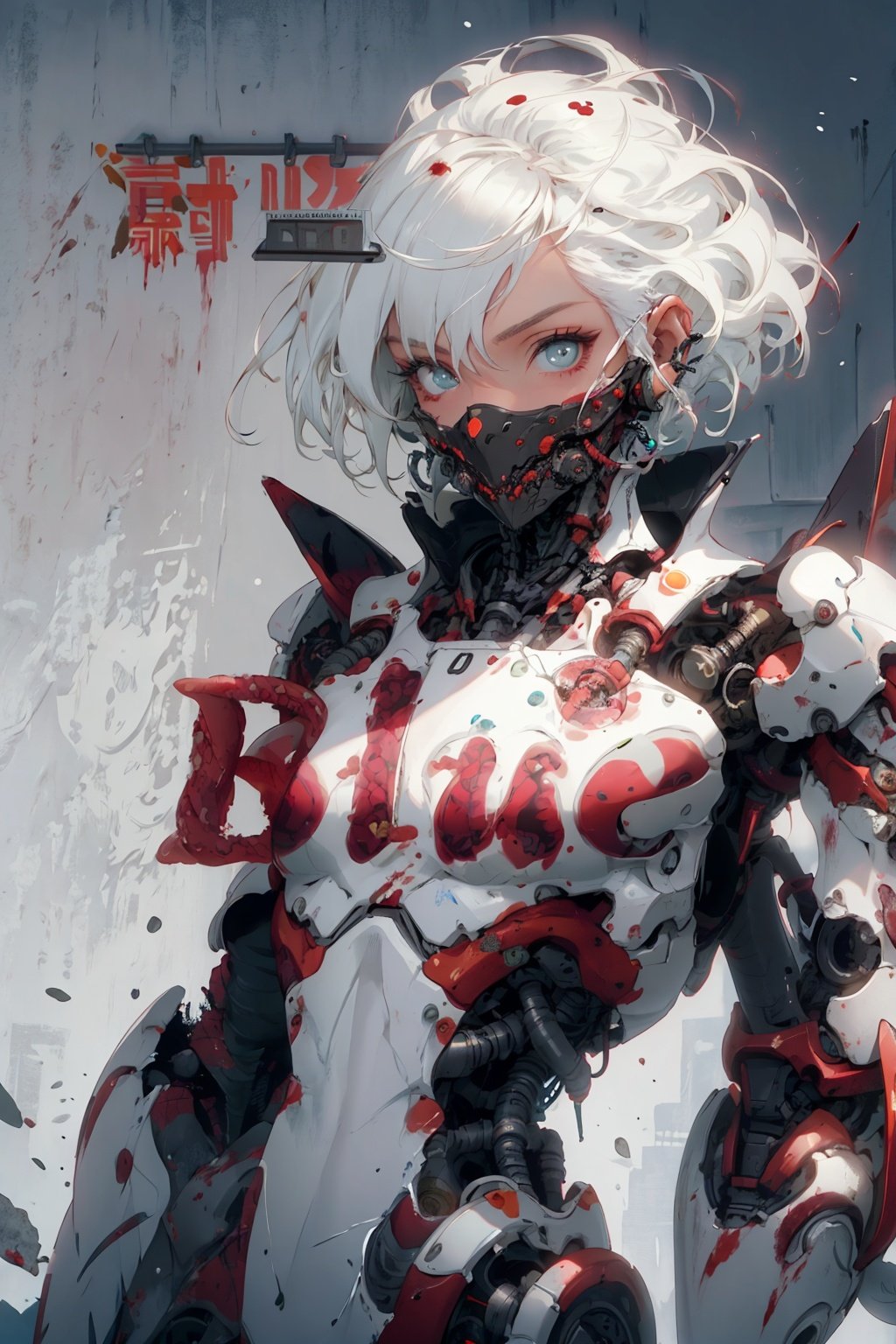 Masterpiece-level best_quality, concept artwork, a lonely solo girl, a necromancer character from the game "League of Legends", with snow-white hair, centipede-like tentacles wrapped around, blood flowing from the body, wearing PVC shell, mechanical exoskeleton device equipment, creating avant-garde and terrifying visual effect.