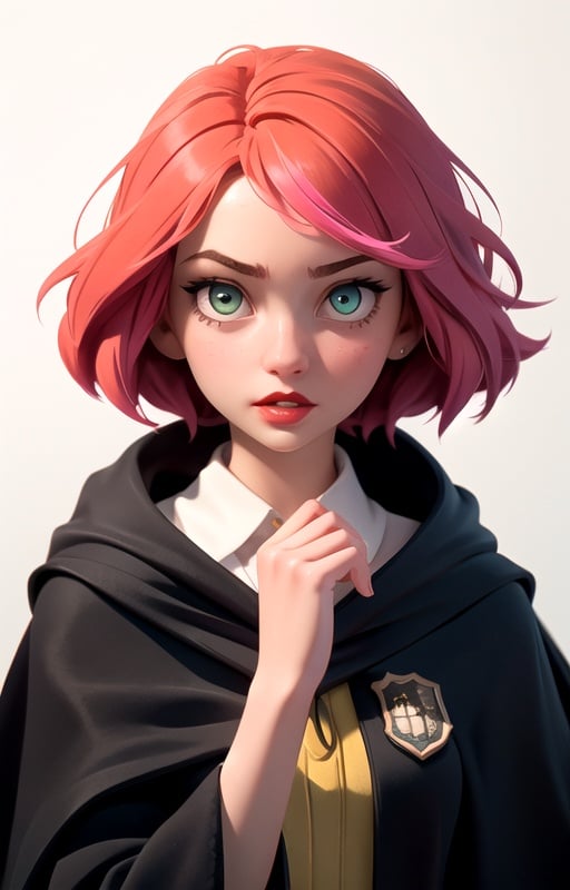 1girl, short pink hair,(hufflepuff House Cloak),( inner cloak yellow:1), (outer cloack black:1),yellow eyes, looking at viewer, solo, upper body,(masterpiece:1.4),(best quality:1.4),red lips,parted lips, hogwarts castle:1,dramatic shadows,extremely_beautiful_detailed_anime_face_and_eyes,an extremely delicate and beautiful,dynamic angle, cinematic camera, dynamic pose,depth of field,chromatic aberration,backlighting,Watercolor, Ink, epic, candystyle,