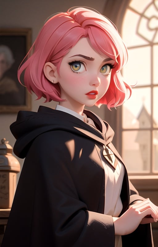 1girl, short pink hair,(hufflepuff House Cloak),( inner cloak yellow:1), (outer cloack black:1),yellow eyes, looking at viewer, solo, upper body,(masterpiece:1.4),(best quality:1.4),red lips,parted lips, hogwarts castle:1,dramatic shadows,extremely_beautiful_detailed_anime_face_and_eyes,an extremely delicate and beautiful,dynamic angle, cinematic camera, dynamic pose,depth of field,chromatic aberration,backlighting,