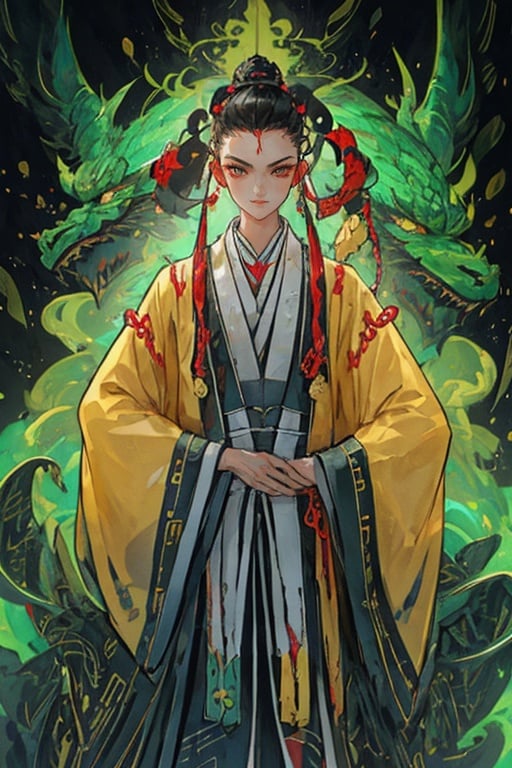 Masterpiece,best quality,high definition,(1girl:1.6), dragon, male_focus, black_hair, eastern_dragon, oversized_animal, ,hf_xy,red clothes，solo,hair_bun,long_sleeves,hanfu,chinese_clothes,<lora:daoshi:0.7>,masterpiece,Optimum quality,Pretty face,(style by artist Andrew Jones),Science and technology,Future,cyberpunk,Mecha,temple, <lora:huafeng-000012:1>