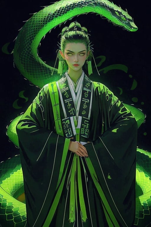 Masterpiece,best quality,high definition,(1girl:1.8),earrings, green snake, green_eyes, jewelry, solo, short_hair, black_hair, planet, green_hair, oversized_animal, hf_xy,black clothes，solo,long_sleeves,hanfu,chinese_clothes,<lora:daoshi:0.7>,masterpiece,Optimum quality,Pretty face,,temple, <lora:huafeng-000012:1>