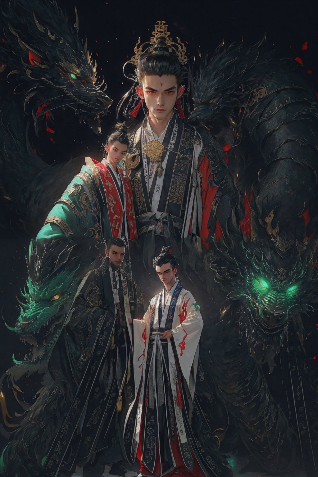 Masterpiece,best quality,high definition,1boy, dragon, male_focus, black_hair, eastern_dragon, oversized_animal, ,hf_xy,red clothes，solo,hair_bun,long_sleeves,hanfu,chinese_clothes,<lora:daoshi:0.7>,masterpiece,Optimum quality,Pretty face,(1boy:1.6),(style by artist Andrew Jones),Science and technology,Future,cyberpunk,Mecha,temple, <lora:huafeng-000012:1>