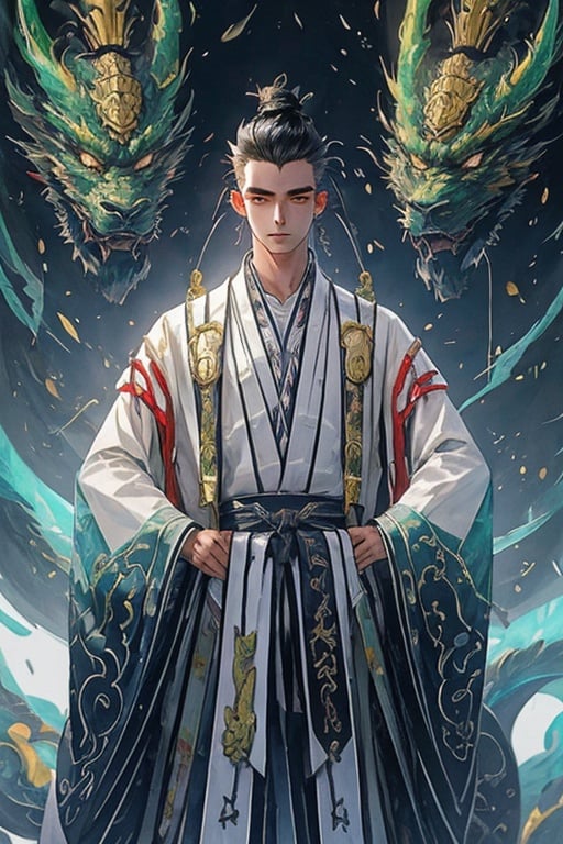 Masterpiece,best quality,high definition,1boy, dragon, male_focus, black_hair, eastern_dragon, oversized_animal, <lora:huafeng-000012:1>,hf_xy,White clothes，solo,hair_bun,long_sleeves,hanfu,chinese_clothes,<lora:daoshi:0.7>,masterpiece,Optimum quality,Pretty face,(1boy:1.6),(style by artist Andrew Jones),Science and technology,Future,cyberpunk,Mecha,temple,