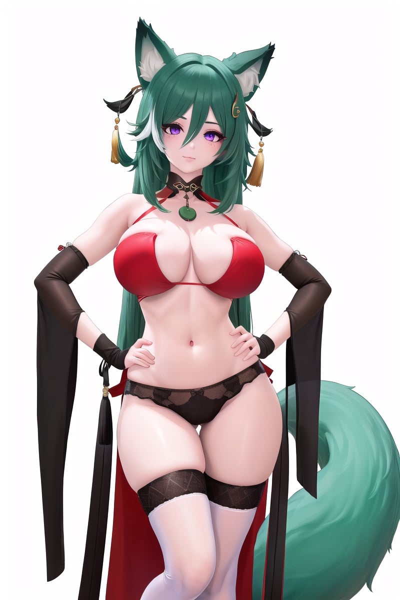 (8k, best quality, masterpiece), ultra-detailed, (high detailed skin),<lora:Yukong_v4_con:0.75:char>, (yukong:1.1), ( thigh ribbon, jade pendant on lap, leg hangings:1.2), fox ears, fox tail, green hair,hair ornament, high heels, bare shoulders, detailed eyes, purple eyes,(glowing eyes:1.1), (fashion make up),<lora:[LoRa] Aegir (golden dragon among auspicious clouds) 服装 Azur lane Clothing (With multires noise version):0.75>,outfit-goldendragon,1girl, solo, standing, upper body, hands on hips,looking at viewer,choker, white bra, white thighhighs, (skindentation:1.2),curvy, huge breasts,white panties, thick thighs,(white background, simple background:1.4),