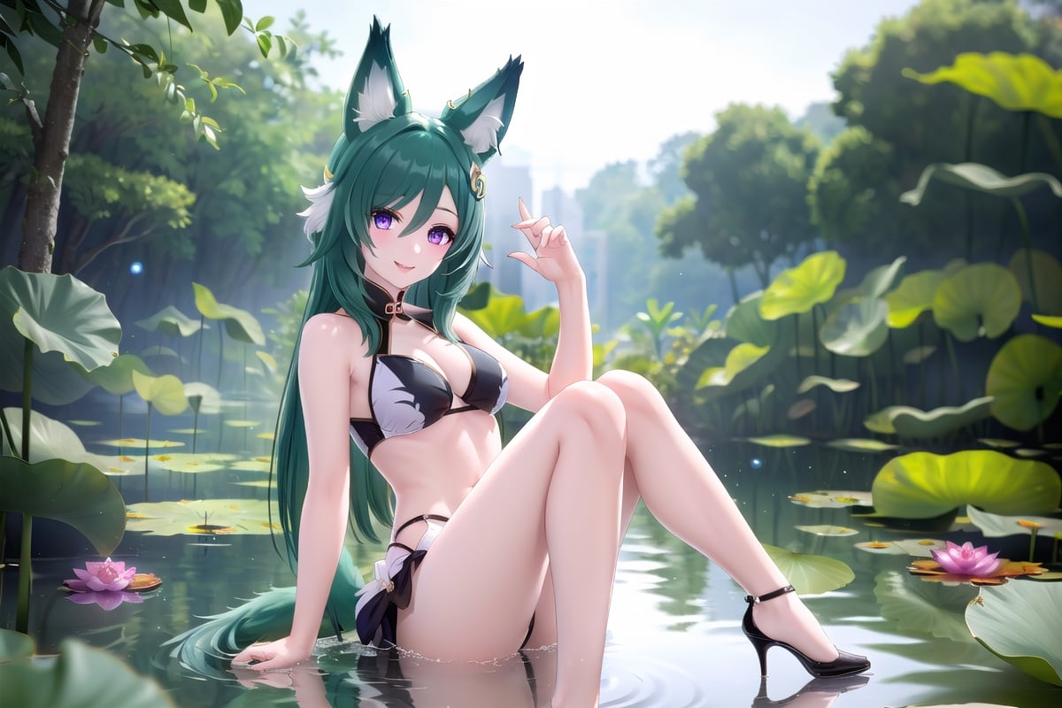 (8k, best quality, masterpiece), (ultra-detailed:1.1), (high detailed skin),<lora:Yukong_v4_con:0.8:char>, (yukong:1.1), fox ears, fox tail, green hair, (hair ornament:1.1), high heels, bare shoulders, detailed eyes, purple eyes, (glowing eyes:1.1), (fashion make up),1girl,solo,full body,Animal ear,pond,Lotus leaf,summer,fruit,Happy expression,Happy action,(Summer wear:1.2),Butterfly,The bird,, 🤏,☝,🦵,ray tracing,tyndall effect,depth of field,blurry background,blurry foreground,light particles,reflection light,rim light,bloom effect,petite,surround the observer, fisheye lens,